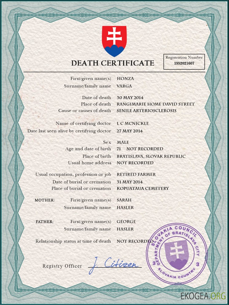 Modèle PSD de certificat de décès de l'état civil de Slovaquie